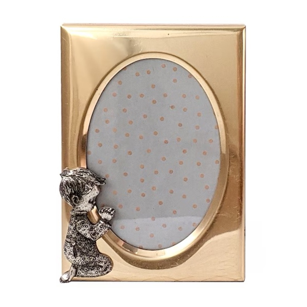Vintage Gold Rectangular Picture Frame with Silver Kneeling Child Praying